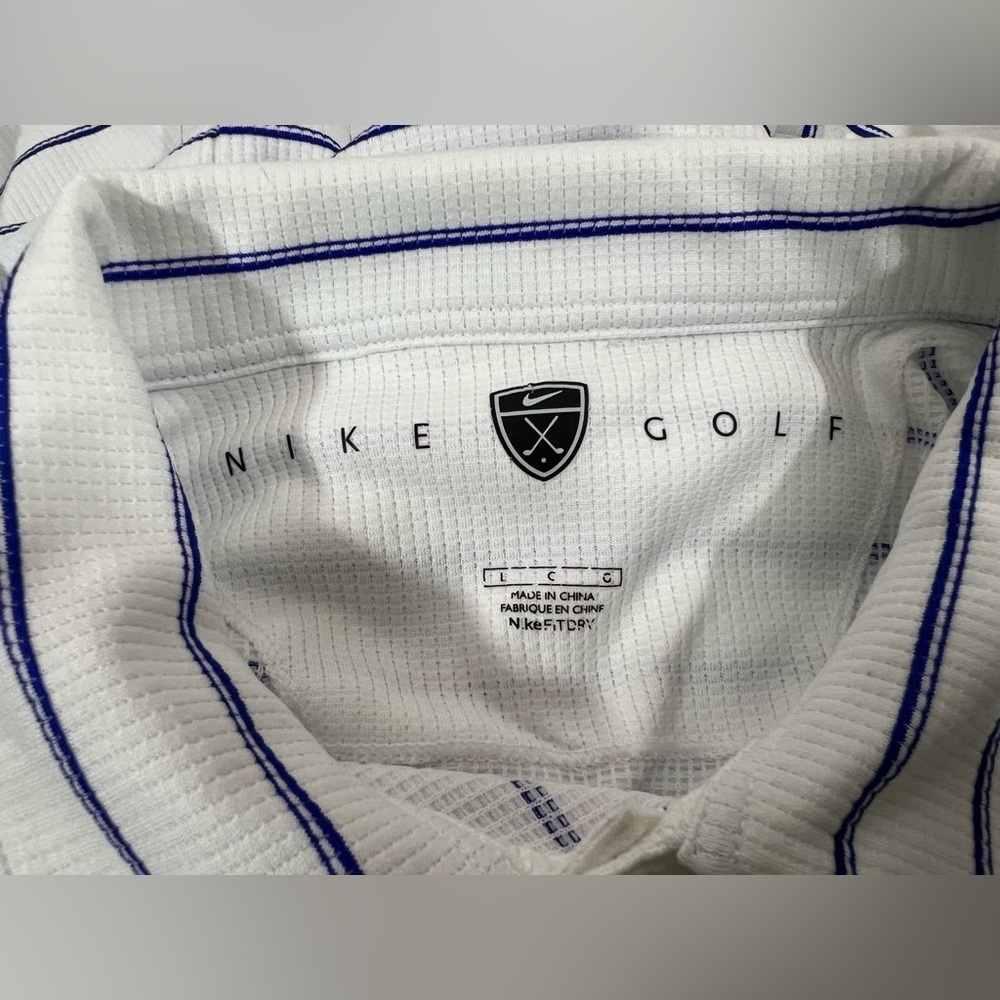 Nike Dri-Fit Men’s L White/Blue Stripe Short Sleeve Golf Polo Sleeve Logo - Picture 6 of 9